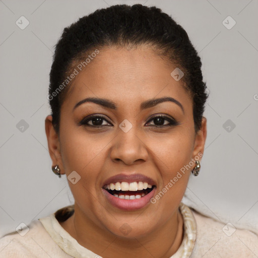 Joyful latino young-adult female with short  brown hair and brown eyes