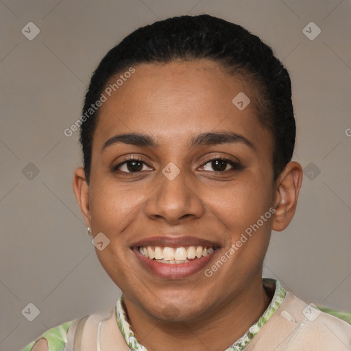 Joyful latino young-adult female with short  black hair and brown eyes