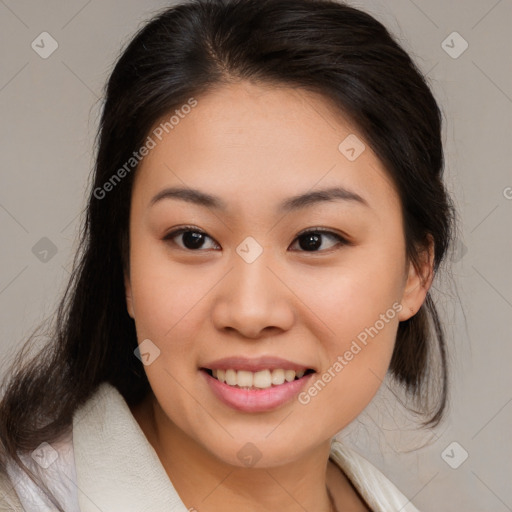 Joyful white young-adult female with medium  brown hair and brown eyes