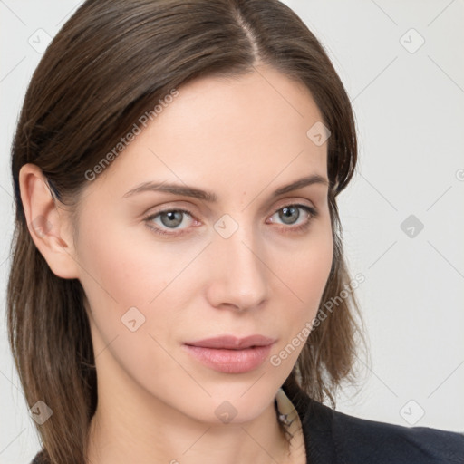 Neutral white young-adult female with medium  brown hair and grey eyes