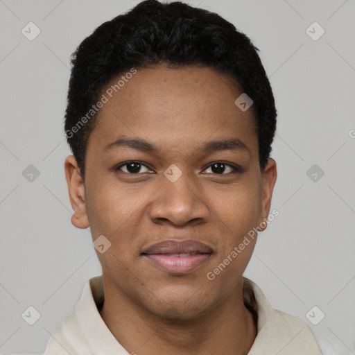 Joyful black young-adult female with short  black hair and brown eyes