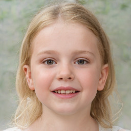 Joyful white child female with medium  brown hair and blue eyes