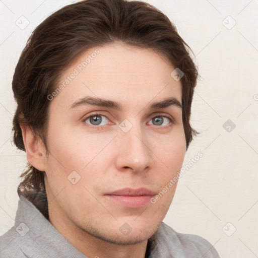 Neutral white young-adult male with short  brown hair and grey eyes