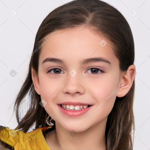 Joyful white child female with medium  brown hair and brown eyes