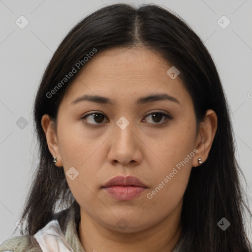 Neutral asian young-adult female with long  brown hair and brown eyes