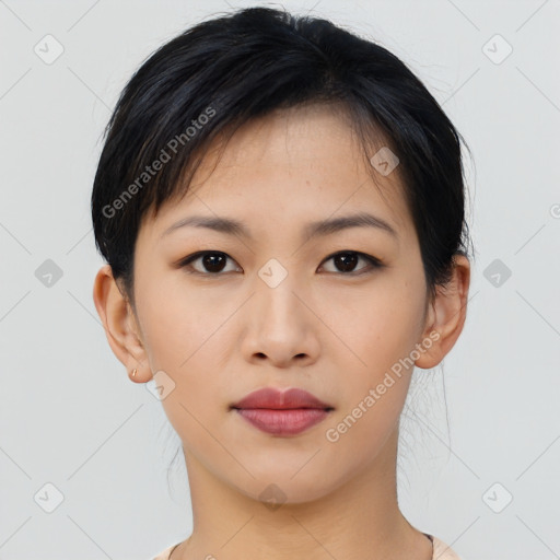 Neutral asian young-adult female with short  black hair and brown eyes