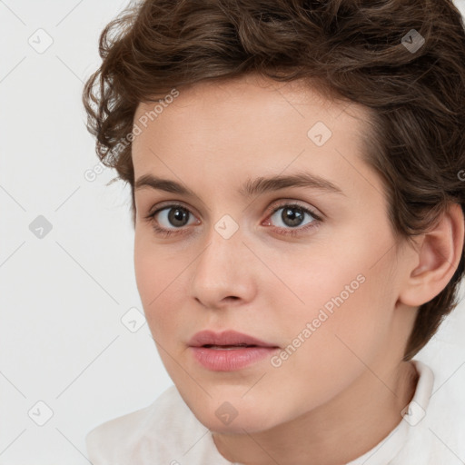 Neutral white young-adult female with short  brown hair and brown eyes