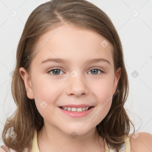 Joyful white child female with medium  brown hair and brown eyes