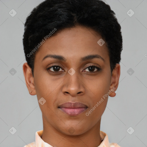 Joyful latino young-adult female with short  brown hair and brown eyes