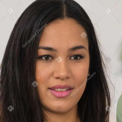Joyful asian young-adult female with long  brown hair and brown eyes