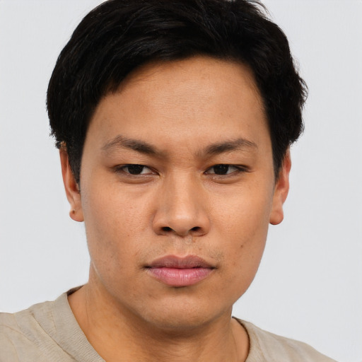 Neutral asian young-adult male with short  brown hair and brown eyes