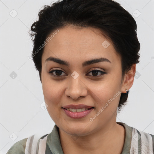 Joyful latino young-adult female with medium  brown hair and brown eyes