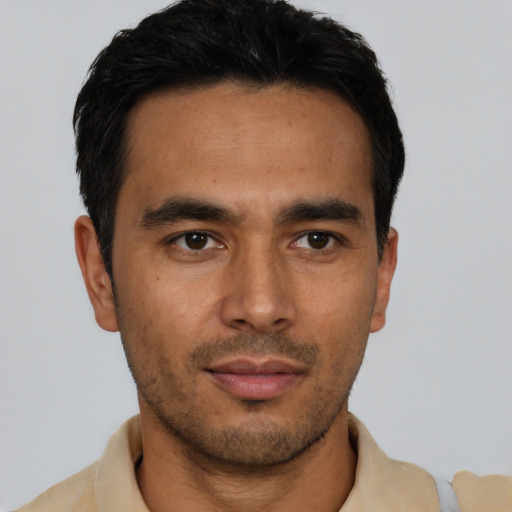 Neutral asian young-adult male with short  black hair and brown eyes