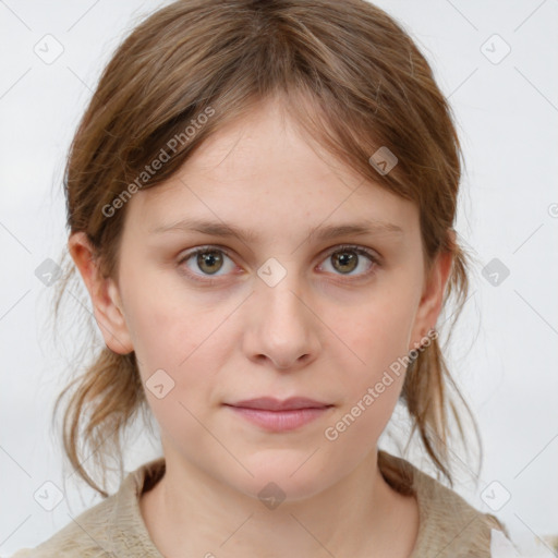 Joyful white young-adult female with medium  brown hair and blue eyes