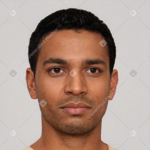 Neutral latino young-adult male with short  black hair and brown eyes