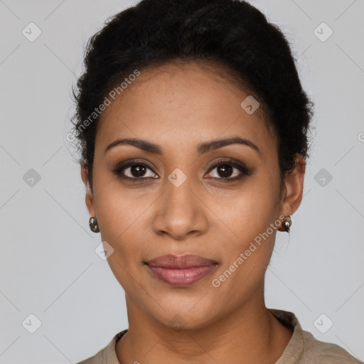 Joyful latino young-adult female with short  black hair and brown eyes