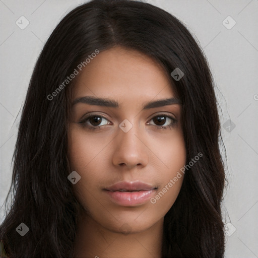 Neutral latino young-adult female with long  brown hair and brown eyes