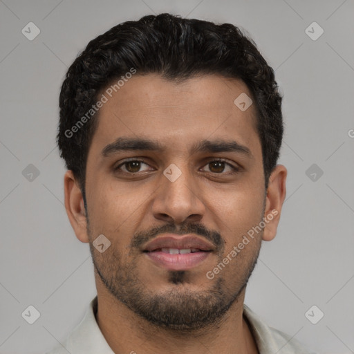 Neutral latino young-adult male with short  black hair and brown eyes