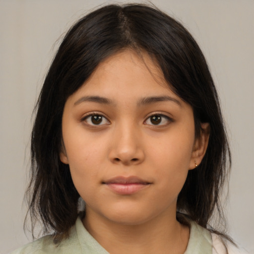 Neutral asian young-adult female with medium  brown hair and brown eyes