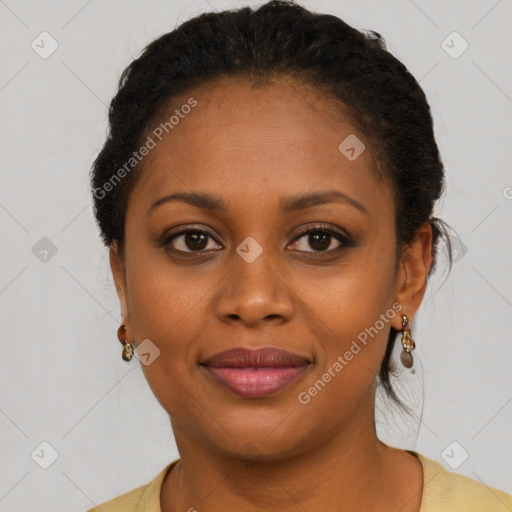 Joyful black young-adult female with medium  brown hair and brown eyes