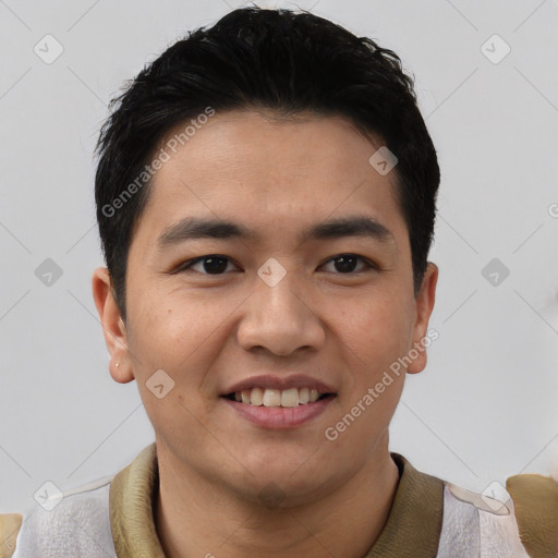 Joyful white young-adult male with short  black hair and brown eyes