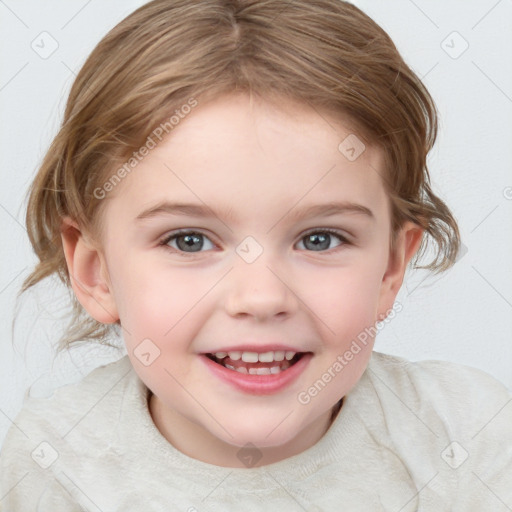 Joyful white child female with medium  brown hair and grey eyes