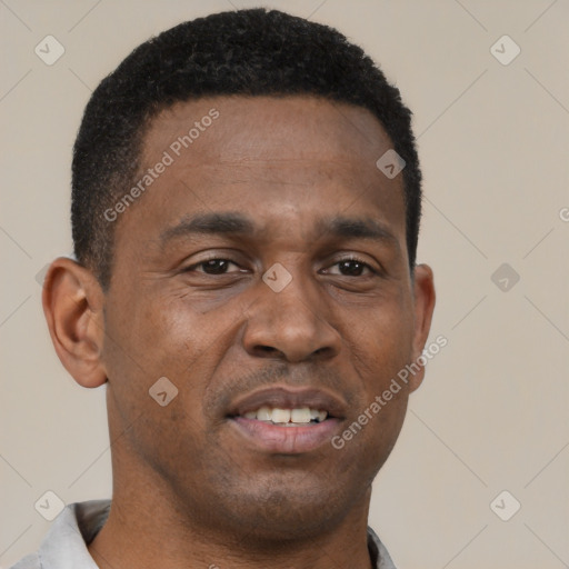 Joyful black young-adult male with short  brown hair and brown eyes