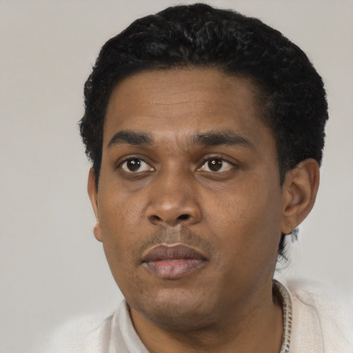 Neutral black adult male with short  black hair and brown eyes