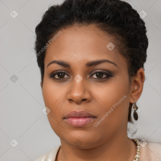 Neutral latino young-adult female with short  brown hair and brown eyes