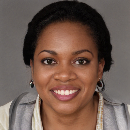 Joyful black young-adult female with long  black hair and brown eyes