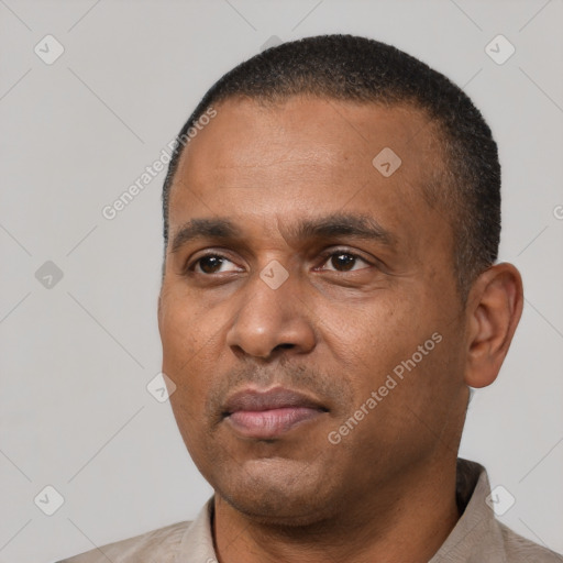 Neutral black adult male with short  black hair and brown eyes
