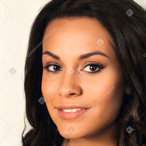 Joyful latino young-adult female with long  brown hair and brown eyes