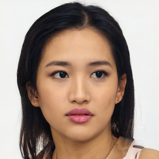Neutral asian young-adult female with medium  black hair and brown eyes