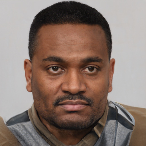 Joyful black young-adult male with short  brown hair and brown eyes