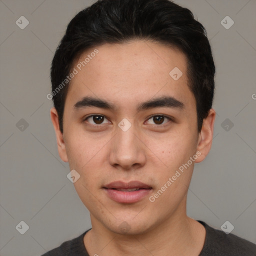 Joyful white young-adult male with short  black hair and brown eyes