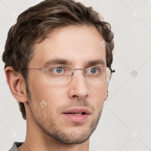 Neutral white young-adult male with short  brown hair and grey eyes