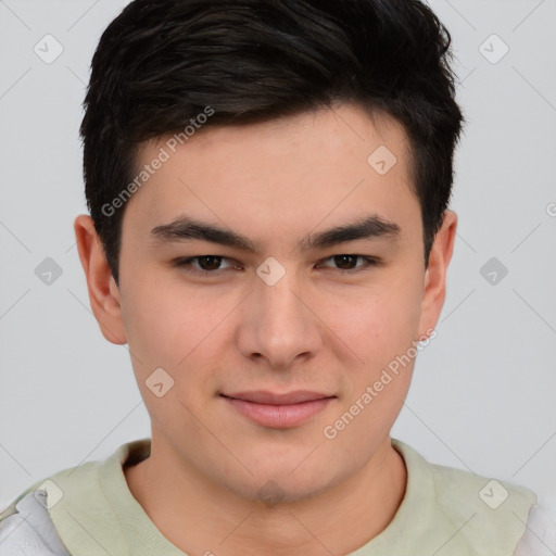 Joyful asian young-adult male with short  brown hair and brown eyes