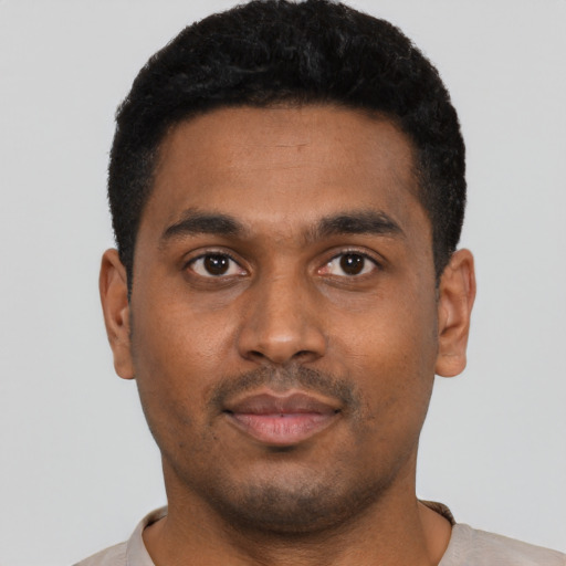 Neutral black young-adult male with short  black hair and brown eyes