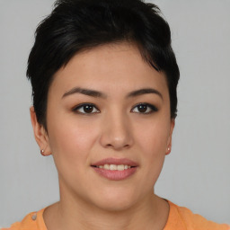 Joyful asian young-adult female with short  brown hair and brown eyes