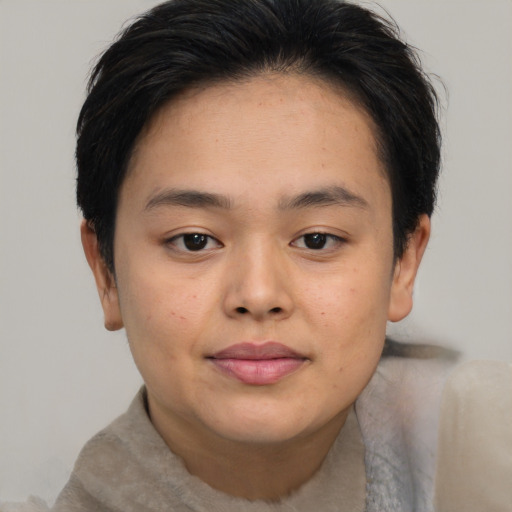 Joyful asian young-adult female with short  brown hair and brown eyes