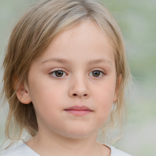 Neutral white child female with medium  brown hair and blue eyes