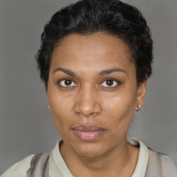 Neutral black adult female with short  black hair and brown eyes