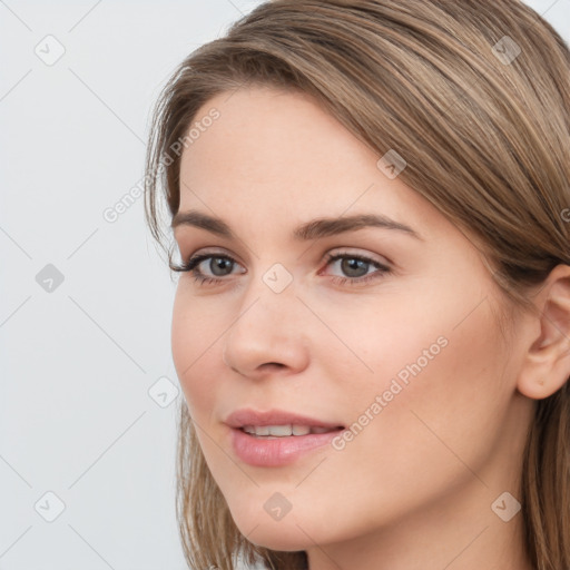 Neutral white young-adult female with long  brown hair and grey eyes