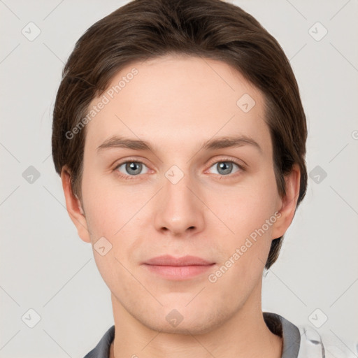 Neutral white young-adult male with short  brown hair and grey eyes