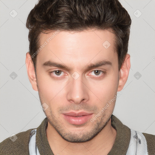 Neutral white young-adult male with short  brown hair and brown eyes