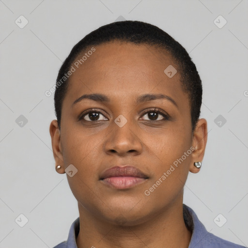 Neutral black young-adult female with short  black hair and brown eyes