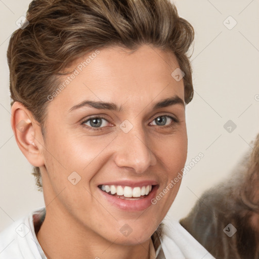 Joyful white young-adult female with short  brown hair and brown eyes