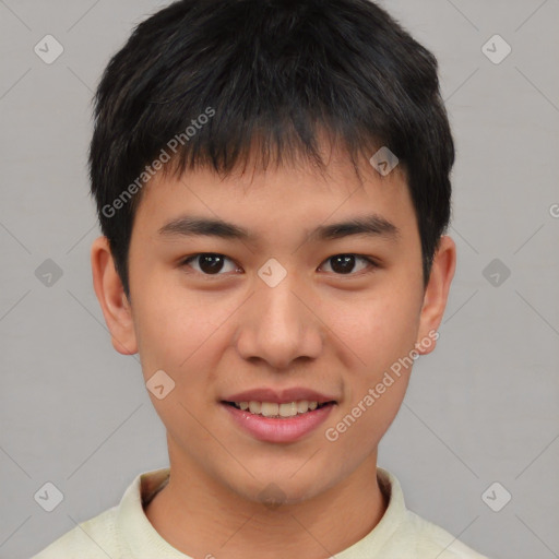 Joyful asian young-adult male with short  brown hair and brown eyes
