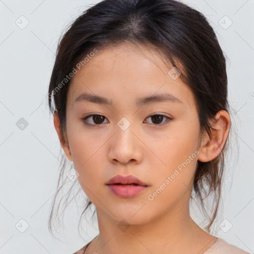 Neutral asian young-adult female with medium  brown hair and brown eyes