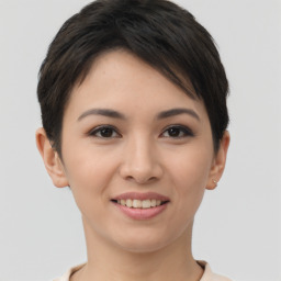 Joyful asian young-adult female with short  brown hair and brown eyes